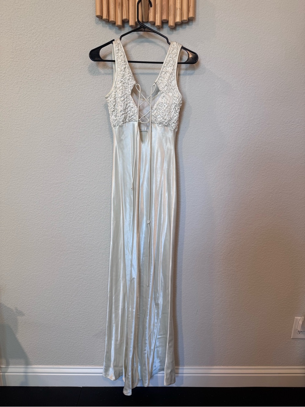 Vintage Cache Off-White Satin Maxi Dress | Small | Crinkled Bodice | Formal - Picture 5 of 9